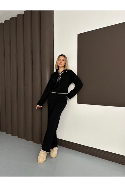 ebru akten butik Set de tricotaje cu guler polo, cu cusături de ciobanesc, cu eșarfă