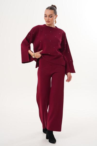 ŞİMAL Women's Stoned Wide Leg Pants Knitwear Knitted Set 255052 -