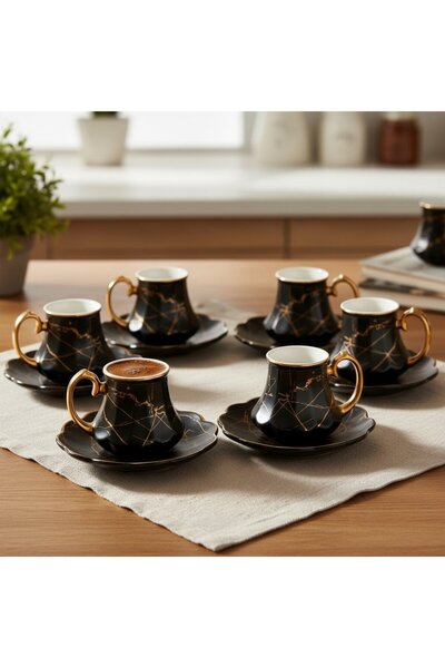 FAIR HOME Black Gold Marble Pattern 6-Person Porcelain Coffee Cup Set – 90 Ml.