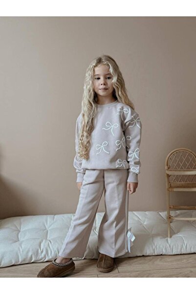 YİGİT BUTİK Bow Printed Flared Girls' Top and Bottom Set