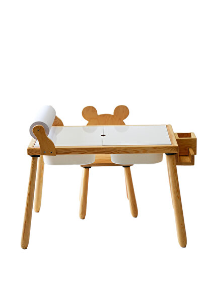 Woodnjoy Ahşap Duyusal Çocuk Aktivite Masası+1 Sandalye Seti (Rulo Kağıt Hediyeli)