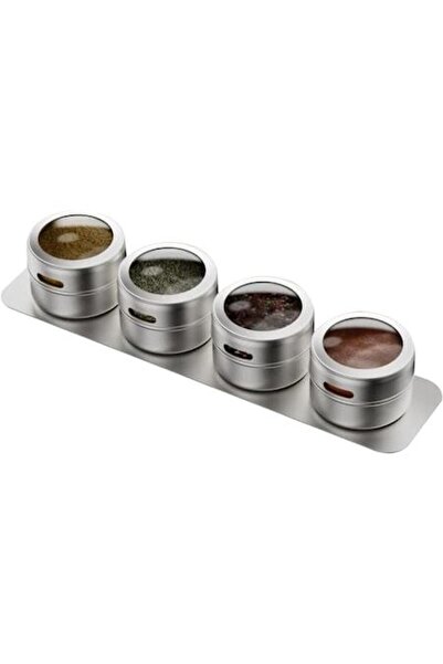 Mevis Line Set of 4 Magnetic Spice Containers, 100ml, with 120 Labels, Metal Holder and Marker, Transparent Lid