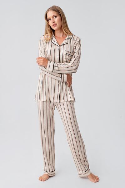 Artış Long Sleeve Striped Buttoned Stretchy Viscose Pajama Set