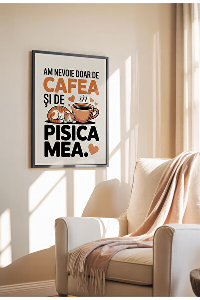 21mxm Unframed Cat Quote Canvas Poster in Romanian - Digital Print - Coffee and My Cat