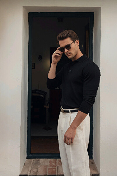 CHUBA Men's Polo Neck Buttoned Knitwear Sweater Black 26W2012