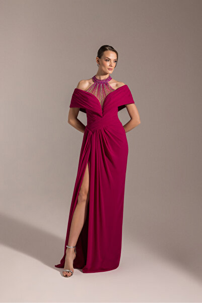 Kenzel Hakim Yaka Dekolte Detaylı Drapeli Abiye Elbise