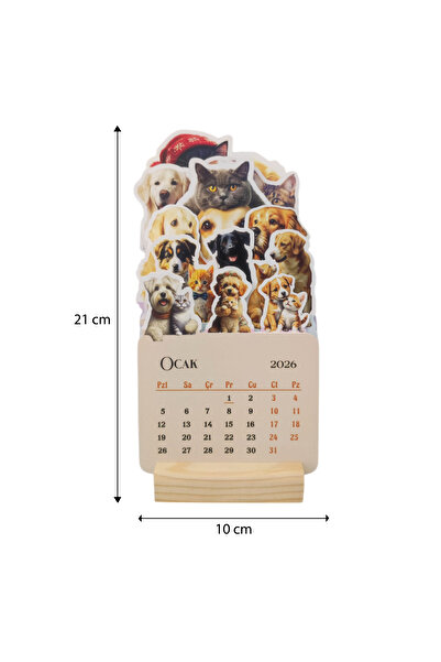 YUNUS COPY 2026 Kedi Köpek Dostluğu Takvimi Ahşap Ayaklı Kedi Köpek Dostluğu Temalı Özel Tasarım Takvim