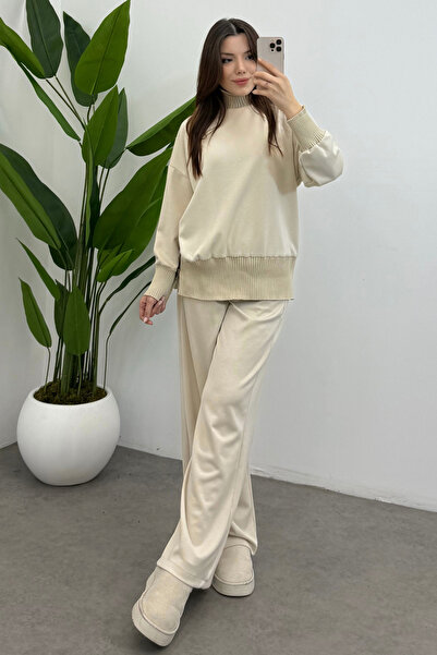 Bipantolon Women's Cream Turtleneck Side Zipper Detailed Modal Suit