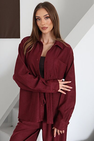 VAGGON Women's Burgundy Single Pocket Oversized Shirt and Tie-Up Trouser Set Vs01480
