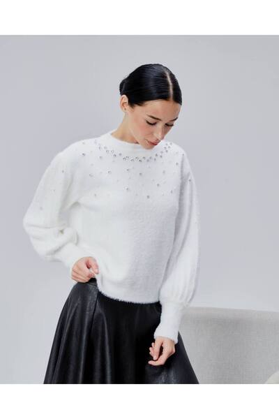 QUAWEAR guler rotund Pulover Angora cu mâneci cu balon, brodat cu perle și pietre