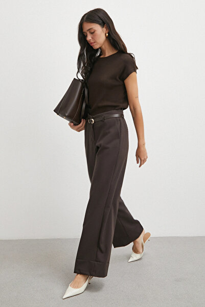 Never more High Waist Leg Detail Belted Trousers Brown