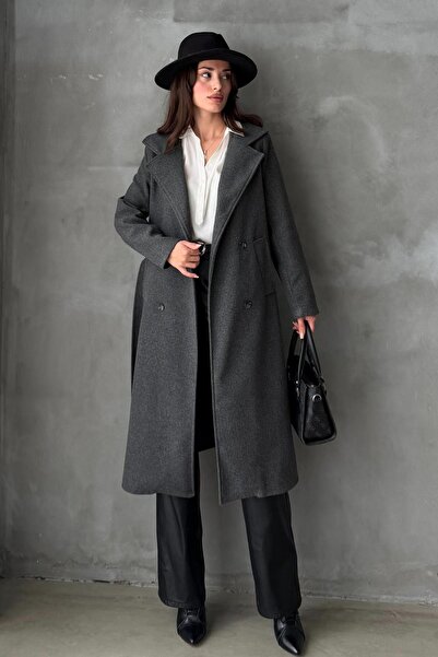 ipekte Kadın Astarlı Düğmeli Kuşaklı Cepli Antrasit Kaşe Kaban