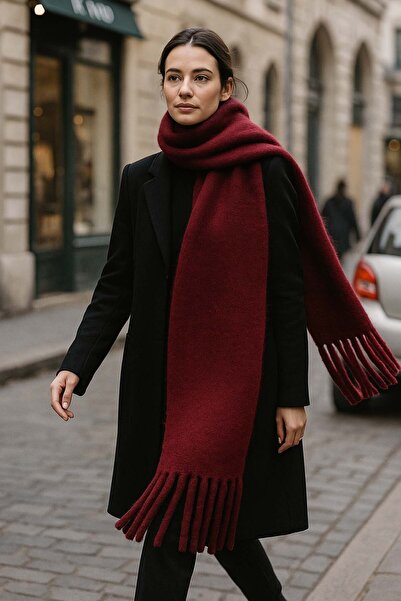 REMSA Women's Tassel Detail Scarf Shoulder Shawl 40X200 cm 1295 Burgundy