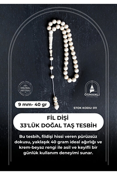 OSMANLI DOĞAL TAŞ Certified Ivory 33-Piece 9 mm Natural Stone Prayer Beads