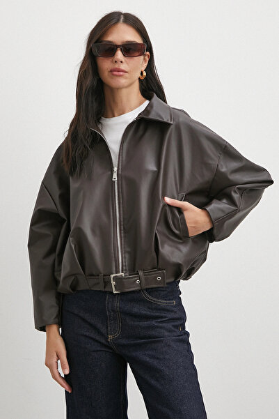 Never more Collared Belt Detailed Leather Jacket Brown