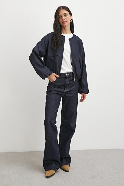 Never more Elastic Waist Zippered Denim Look Bomber Jacket Navy Blue