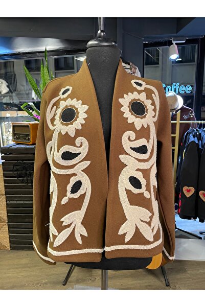 By-esq Women's Embroidery Detailed Floral Patterned Cotton Long Sleeve Cashmere Jacket