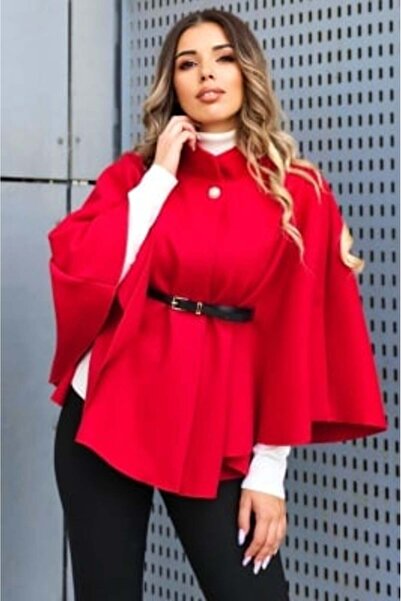 FashionForYou Amalia cape-style women's coat with tunic collar and belt, Red
