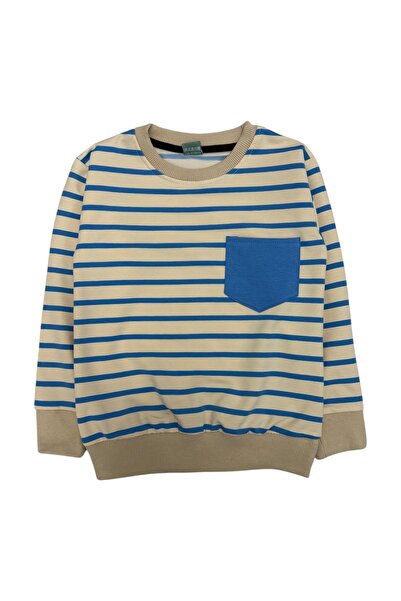 Şekerkids Boy's 100% Cotton Cream Blue Stripe Patterned Long Sleeve Tracksuit Set