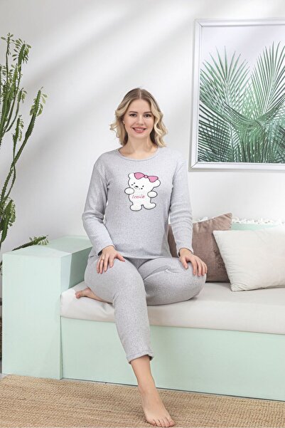 ELİTOL Lovie Bear Gray Soft Women's Pajama Set