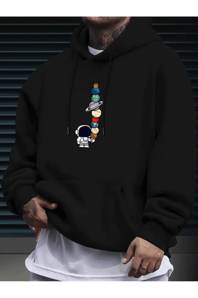 ALEYZA MODA هودي رائد الفضاء والكوكب مطبوع بغطاء رأس للرجال