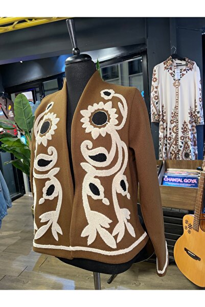 By-esq Women's Embroidery Detailed Floral Patterned Cotton Long Sleeve Cashmere Jacket