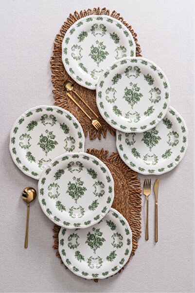 RUBİ PORSELEN Vintage Flowers Green 25 cm Set of 6 Porcelain Serving Plates –