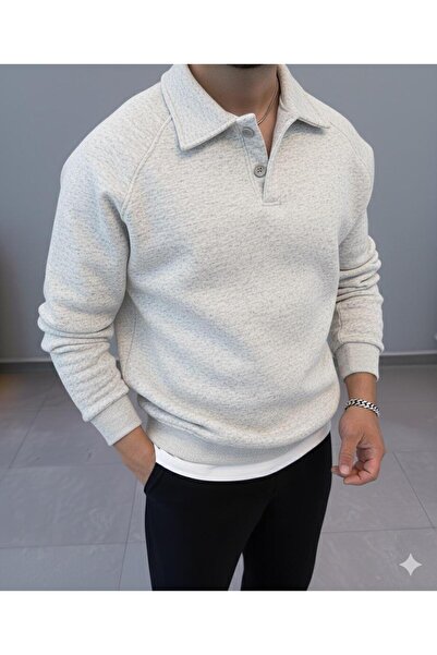 NO 601 Men's Grimelange Roberto Reglan Sleeve Collar Buttoned Thick Sweatshirt