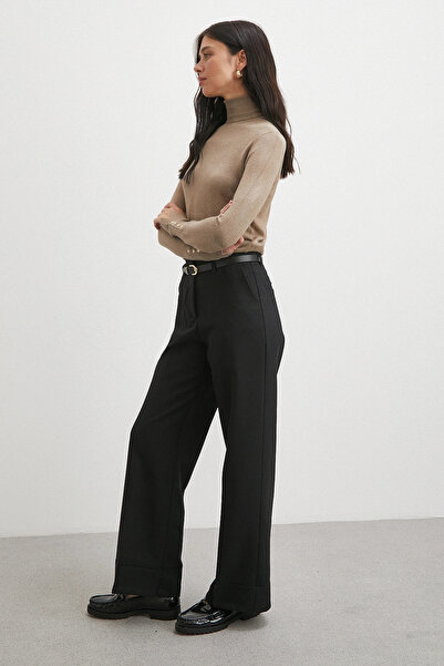 Never more High Waist Leg Detail Belted Trousers Black