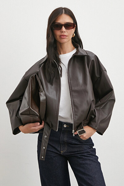 Never more Collared Belt Detailed Leather Jacket Brown