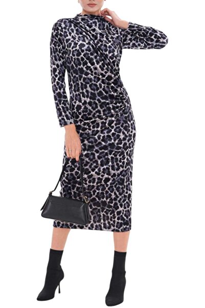 Sabr فستان ديجيتال فيلفيت هاف فاشر فستان بتجاعيد مجمّعة ميدي – فستان أنيق منقوش