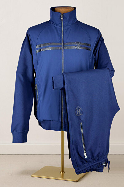 BESSA Blue Stand Collar Tracksuit Set Parachute Fabric Detailed Zipper Pocket Straight Leg Men's