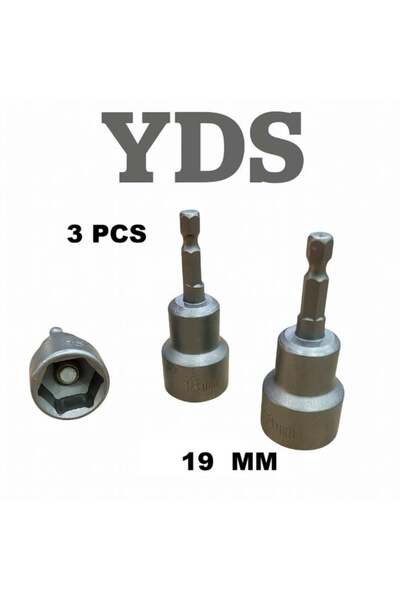 YDS 3-piece 19mm Magnetic Socket Set for Drills & Impact Drivers (CR-V Steel, Model 10006078)