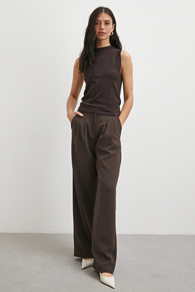 Never more Elastic Waist Pleated Wide Leg Pants Brown