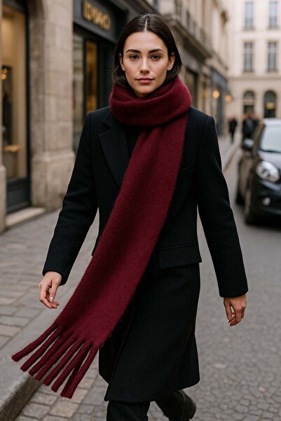 REMSA Women's Tassel Detail Scarf Shoulder Shawl 40X200 cm 1295 Burgundy