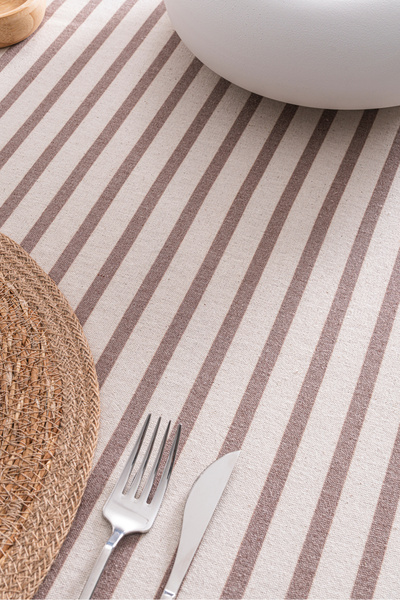 RUBİ PORSELEN Brown Striped Linen Runner 40X140 cm - Soft Textured