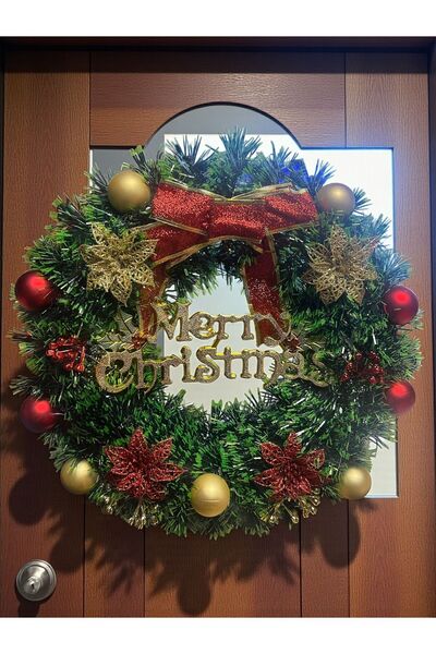 Happyland Yılbaşı Kapı Süsü Çelenk Kapı Süsü Merry Christmas Yazılı 35 cm Yılbaşı Çelenk Ev Dekor HPY6