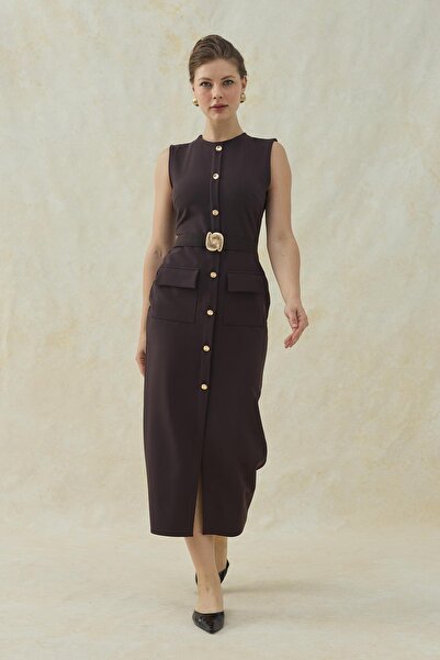 Elbee Fashion Woman Gold Accessory Detailed Pocketed Dress