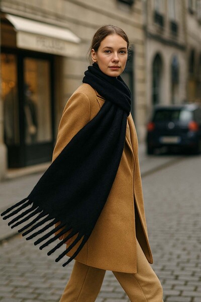 REMSA Women's Tassel Detail Scarf Shoulder Shawl 40X200 cm 1295 Black