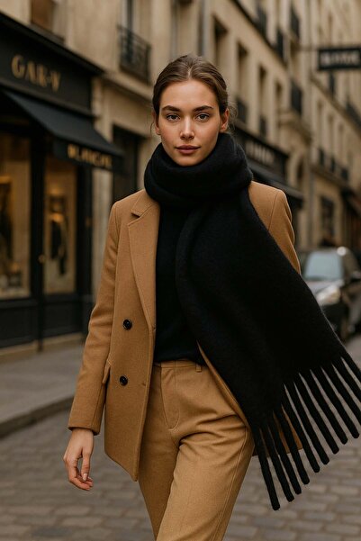 REMSA Women's Tassel Detail Scarf Shoulder Shawl 40X200 cm 1295 Black