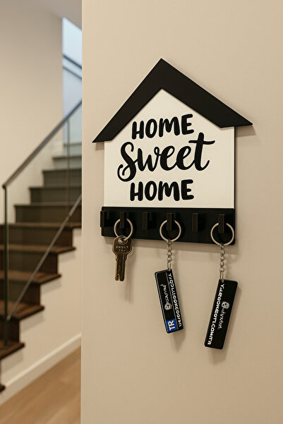 karbonsoft Home Sweet Home Written Mdf Keychain Hanger Decorative Wall Ornament with Double-Sided Tape and Screw Attachment