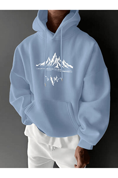 ALEYZA MODA Hanorac cu glugă pentru bărbați, cu imprimeu Mountain Reflection