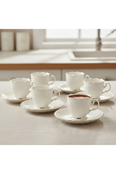 FAIR HOME Amara Embossed Vintage Gilded Model 6-Person Porcelain Cream Coffee Cup Set – 90 Ml.