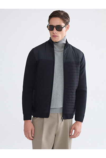 LC Waikiki Navy Blue Standard Fit Stand Collar Men's Knitwear Coat