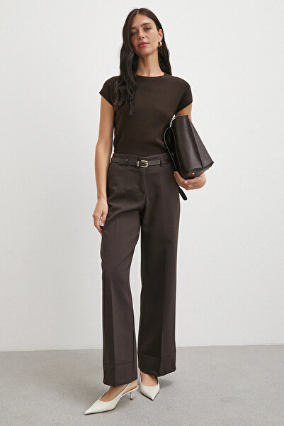 Never more High Waist Leg Detail Belted Trousers Brown