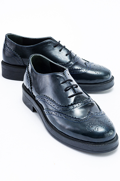 GRADA Lacivert Hakiki Rugan Deri Bağcıklı Kadın Oxford Ayakkabı Kadın Oxford ...