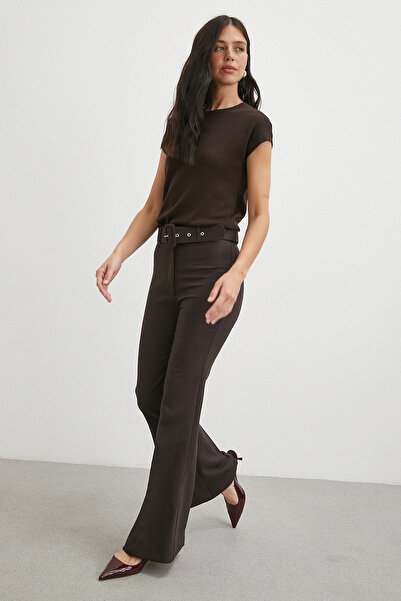 Never more Belted Flared Pants Brown