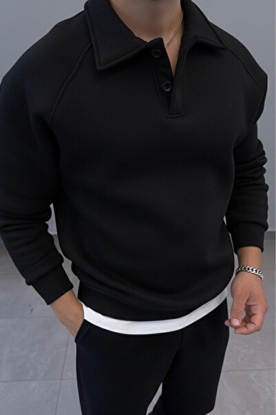 NO 601 Ανδρικό μαύρο χοντρό φούτερ Roberto Reglan με γιακά και κουμπιά