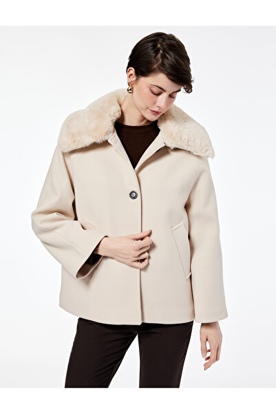 Koton Long Sleeve Buttoned Detachable Faux Fur Collar Cashmere Coat with Pockets