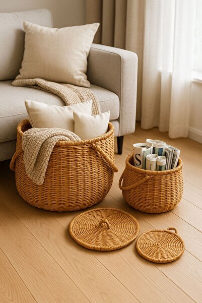 GenelTedarik İkili Dekoratif Sepet Seti – Çok Amaçlı Hasır Düzenleyici ve Sak...